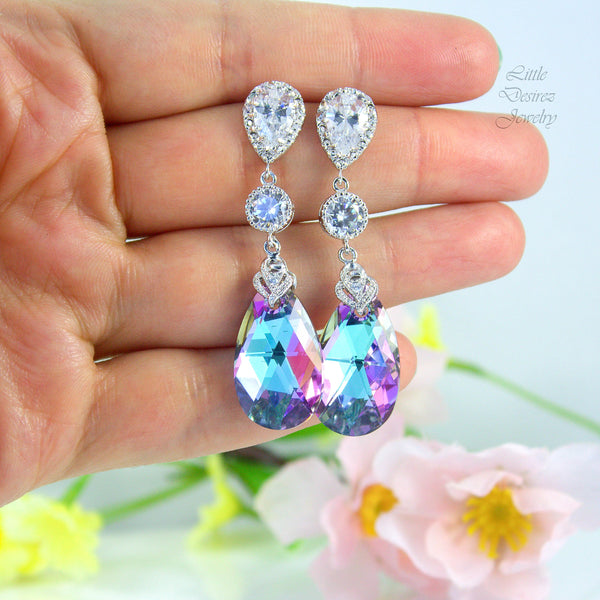 Long Bridal Earrings Crystal Earrings Pear Bridal Jewelry Pink Purple Earrings  Earrings Bridesmaid Earrings CZ Earrings VL32PC