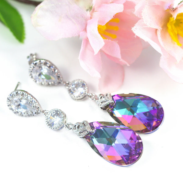 Long Bridal Earrings Crystal Earrings Pear Bridal Jewelry Pink Purple Earrings  Earrings Bridesmaid Earrings CZ Earrings VL32PC