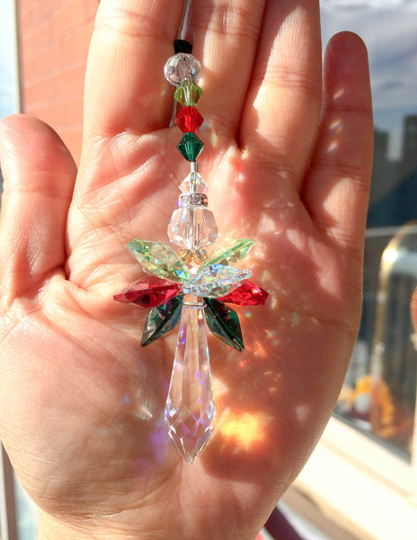 Red Green Suncatcher Holiday Ornament Christmas Ornament Guardian Angel Holiday Decor Crystal Suncatcher Decorative Tree Ornament