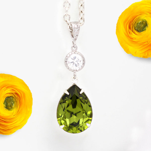 Olive Green Necklace  Crystal Olivine Green Bridesmaid Necklace Olive Necklace Bridal Necklace Wedding Pendant Necklace OG31N