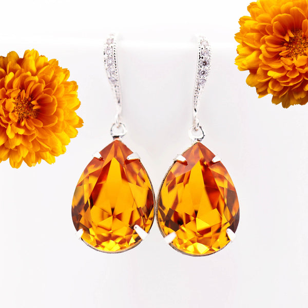 Topaz Earrings Crystal Earrings Pear Crystal Teardrop Earrings Dark Orange Sterling Silver Rhodium Plated Bridesmaid Earrings TO31H