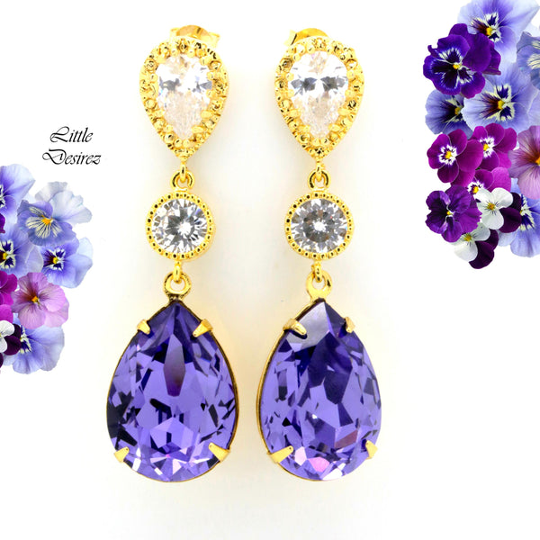 Purple Earrings Bridal Earrings  Crystal Tanzanite Purple & Gold Earrings Bridesmaids Earrings Cubic Zirconia Earrings TZ31PC