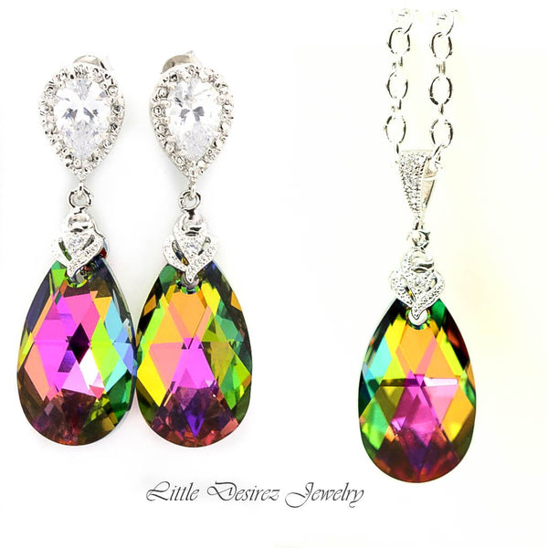 Pink and Green Teardrop Earrings Vitrail Medium Pear Crystal Colorful Sparkly Jewelry Bridesmaid Jewelry Cubic Zirconia VM32P