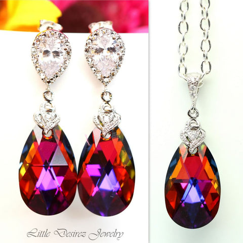 Bridesmaid Gift Volcano Crystal Earrings & Necklace Set Cobalt Purple Orange Cubic Zirconia Jewelry Statement Jewelry VO32JS