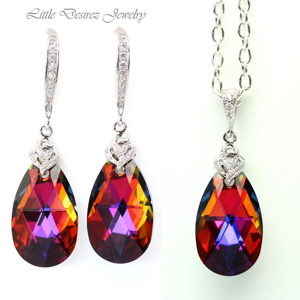 Bridesmaid Gift Volcano Crystal Earrings & Necklace Set Cobalt Purple Orange Cubic Zirconia Jewelry Statement Jewelry VO32JS