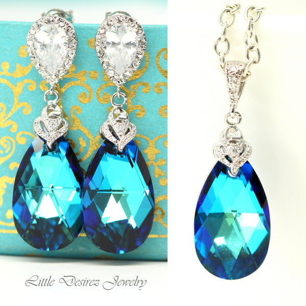 Blue Jewelry Set Necklace & Earrings  Jewelry Set Bridesmaid Jewelry Bermuda Blue Peacock Jewelry Bridal Wedding CZ Jewelry BB32JS