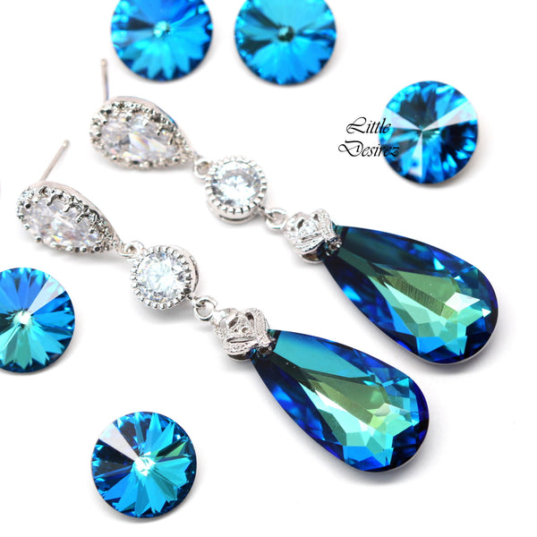 Blue Bridal Earrings and Necklace Set Bermuda Blue Jewelry Sparkly Wedding Jewelry Bridesmaid Jewelry Set Teal Blue Green BB33JS