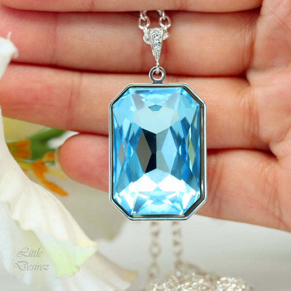 Aquamarine Blue Necklace Light Blue Pendant Large Crystal Emerald Cut Wedding Jewelry Something Blue Bridesmaid Necklace AQ41N