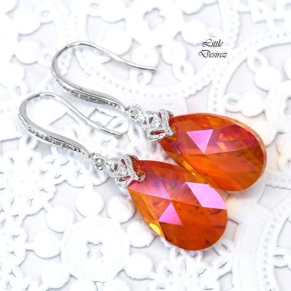Orange and Pink Earrings Astral Pink Crystal Earrings Bridesmaid Earrings Orange Fuchsia Sterling Silver Hypoallergenic AP32H