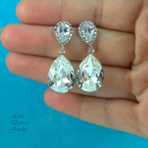 Clear Crystal Dangle Teardrop Earrings White Earrings Silver Earrings Bridal Earrings Bridesmaid Gift CC31P