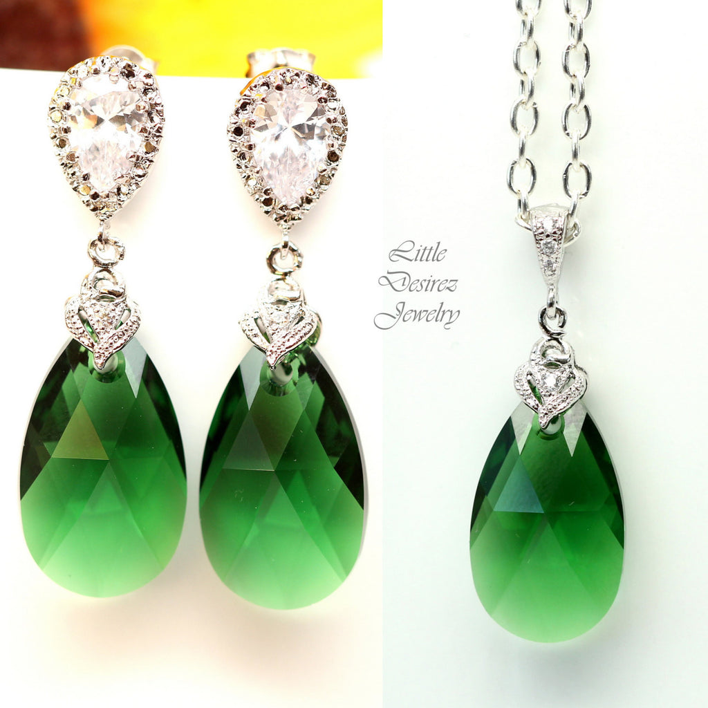 Green Earrings & Necklace Set Emerald Green Jewelry Bridesmaid Gift Jewelry Dark Green Earrings Emerald Holiday Jewelry DM32JS
