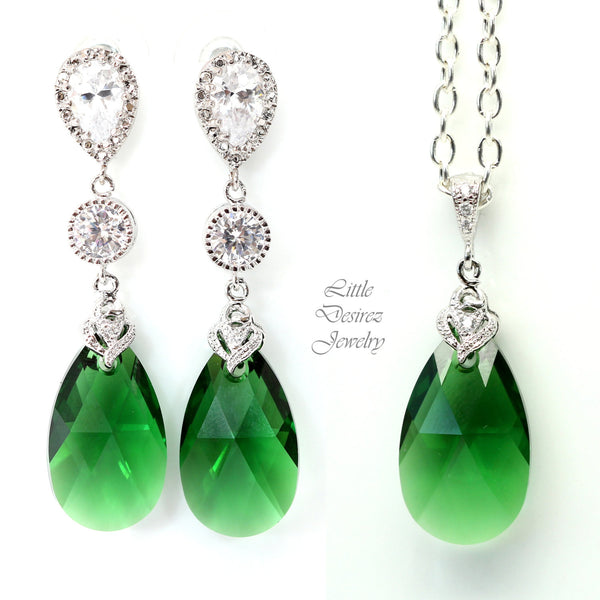 Long Emerald Earrings and Necklace Set Jewelry Set Emerald Jewelry Bridesmaid Gift Dark Green Drop Earrings Forrest Green DM32JS