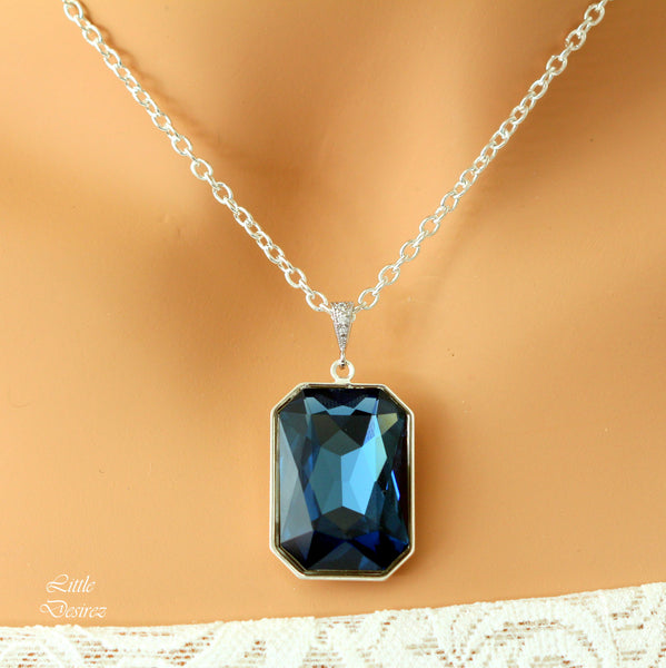 Navy Blue Necklace Crystal Emerald Cut Montana Blue Necklace Large Pendant Statement Jewelry Bridesmaid Gift Fashion Jewelry MO41N