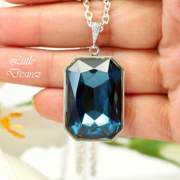 Navy Blue Necklace Crystal Emerald Cut Montana Blue Necklace Large Pendant Statement Jewelry Bridesmaid Gift Fashion Jewelry MO41N