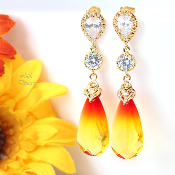 Yellow & Red Earrings Fire Opal Teardrop Crystal Statement Earrings Bridal Earrings Bridesmaid Earring Sparkly Earring FO33PC