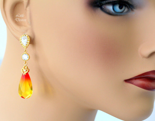 Yellow & Red Earrings Fire Opal Teardrop Crystal Statement Earrings Bridal Earrings Bridesmaid Earring Sparkly Earring FO33PC