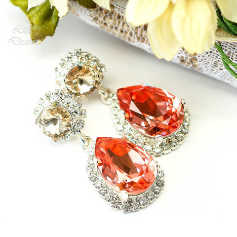 Coral Earrings Coral Swarovski Drop Earrings Bridal Drop Earrings Coral Swarovski Earrings Peach Statement Dangle Earrings CO31DD