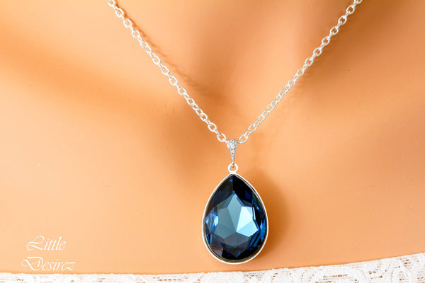 Navy Blue Necklace Montana Crystal Necklace Large Teardrop Pendant Dark Blue Pendant Statement Necklace Layering Necklace MO42N