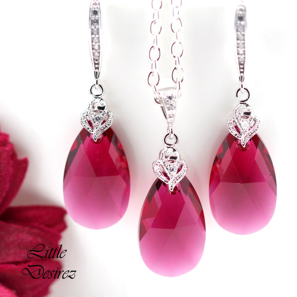 Pink Earrings and Necklace Set Crystal Earrings & Necklace Set Ruby Pink Earrings Fuchsia Bridesmaid Gift Pink Jewellery RP32JS