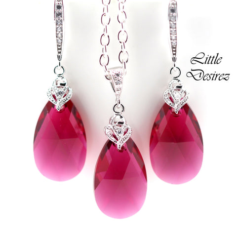 Pink Earrings and Necklace Set Crystal Earrings & Necklace Set Ruby Pink Earrings Fuchsia Bridesmaid Gift Pink Jewellery RP32JS