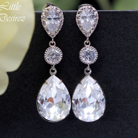 Bridal Earrings Crystal Teardrop Earrings Swarovski Clear Earrings White Earrings Silver Bridesmaid Earrings Cubic Zirconia Earrings CC31PC