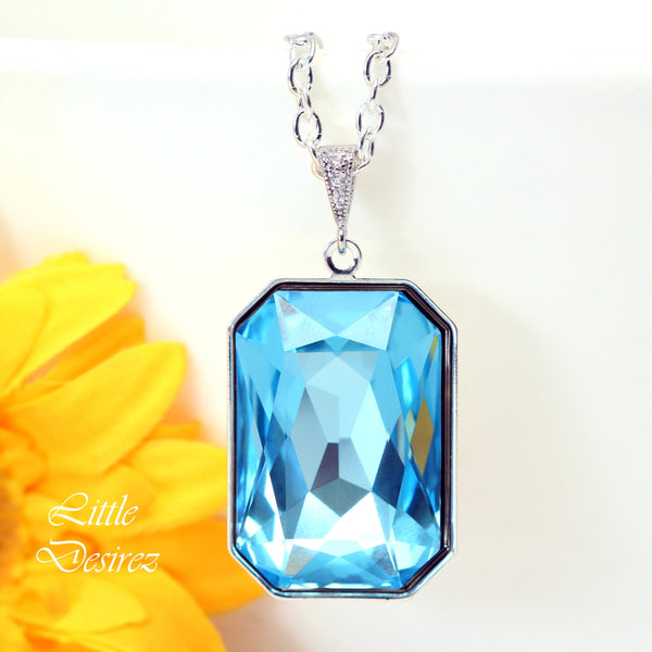 Aquamarine Blue Necklace Light Blue Pendant Large Crystal Emerald Cut Wedding Jewelry Something Blue Bridesmaid Necklace AQ41N