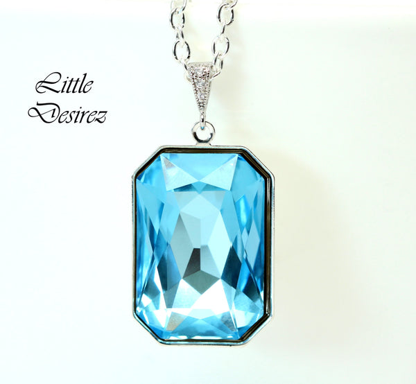 Aquamarine Blue Necklace Light Blue Pendant Large Crystal Emerald Cut Wedding Jewelry Something Blue Bridesmaid Necklace AQ41N