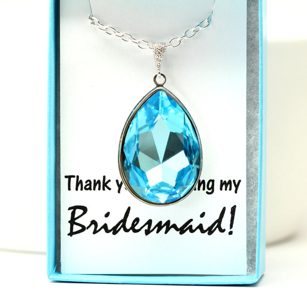 Blue Necklace Aquamarine Necklace Light Blue Pendant Blue Crystal Necklace Large Teardrop Pendant Bridesmaid Wedding Jewelry Blue Drop AQ42N