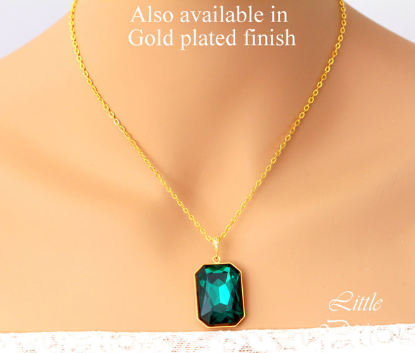 Emerald Necklace Layering Necklace Emerald Cut Stone Green Necklace Large Pendant Sterling Silver Bridesmaid Gift Bridal Necklace EM41N