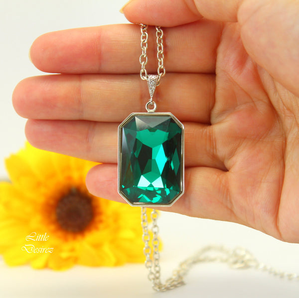 Emerald Necklace Layering Necklace Emerald Cut Stone Green Necklace Large Pendant Sterling Silver Bridesmaid Gift Bridal Necklace EM41N