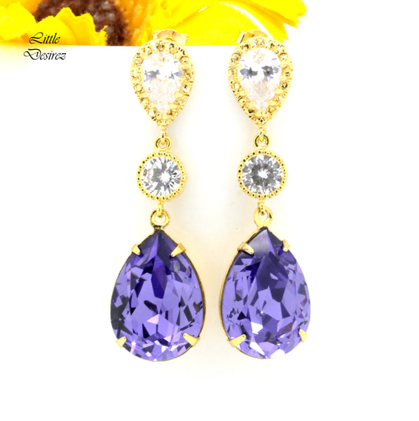 Purple Earrings Bridal Earrings  Crystal Tanzanite Purple & Gold Earrings Bridesmaids Earrings Cubic Zirconia Earrings TZ31PC