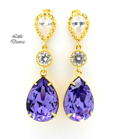 Purple Earrings Bridal Earrings  Crystal Tanzanite Purple & Gold Earrings Bridesmaids Earrings Cubic Zirconia Earrings TZ31PC