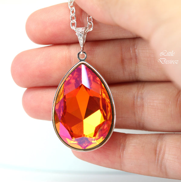 Astral Pink Crystal Necklace Large Pendant Statement Necklace Orange Pink Fuchsia Coral Magenta Silver Bridesmaid Necklace AP42N