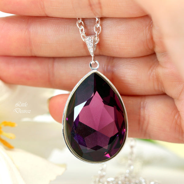 Purple Teardrop Necklace Crystal Amethyst Necklace Large Pendant Statement Necklace Bridesmaid Gift Bridal Wedding Jewelry AM42N