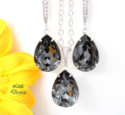 Necklace and Earrings Set Grey Charcoal Teardrop Earrings Smoky Grey Earrings Charcoal Grey Earrings Bridesmaid Gift Silver Night SN31JS