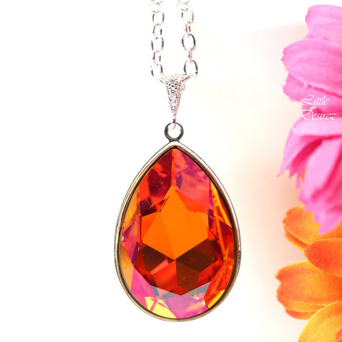 Astral Pink Crystal Necklace Large Pendant Statement Necklace Orange Pink Fuchsia Coral Magenta Silver Bridesmaid Necklace AP42N