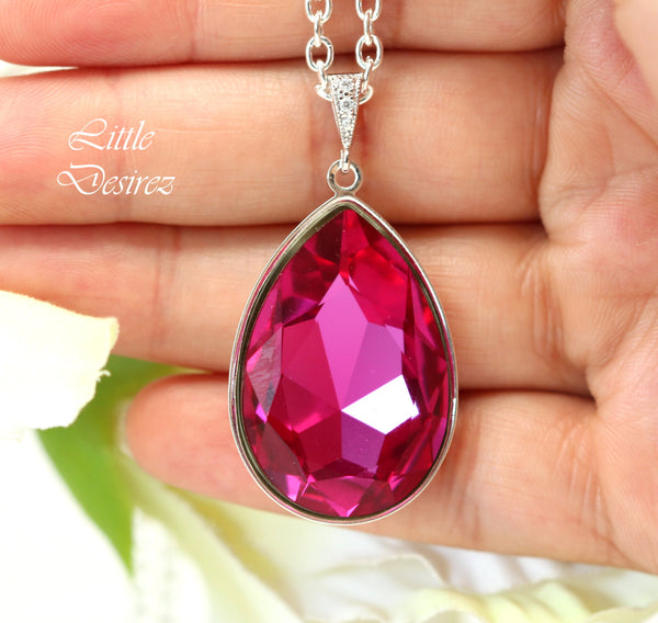 Layering Necklace Pink Necklace Crystal Necklace Pendant Necklace Large Pendant Necklaces for Women Silver Necklace Hot Pink Accessory RP42N