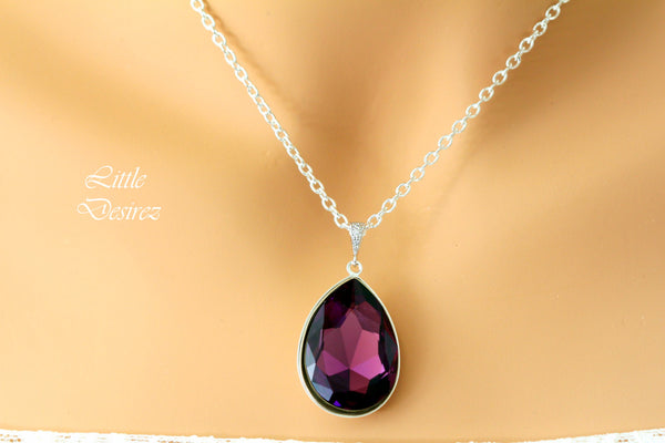 Purple Teardrop Necklace Crystal Amethyst Necklace Large Pendant Statement Necklace Bridesmaid Gift Bridal Wedding Jewelry AM42N