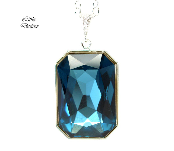 Navy Blue Necklace Crystal Emerald Cut Montana Blue Necklace Large Pendant Statement Jewelry Bridesmaid Gift Fashion Jewelry MO41N