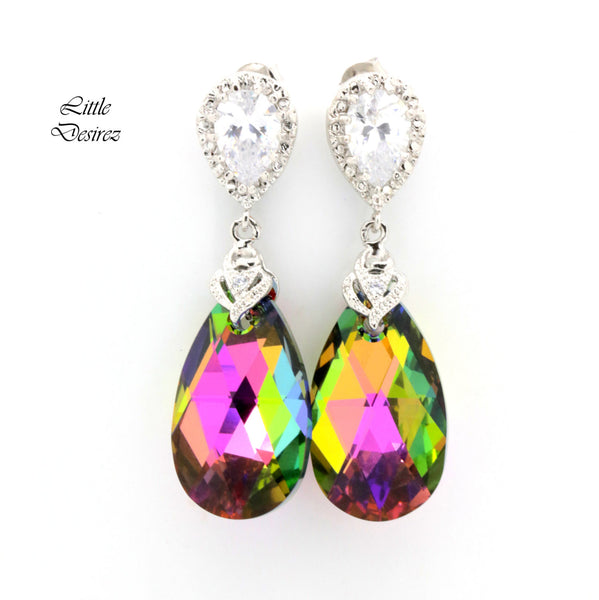 Pink and Green Teardrop Earrings Vitrail Medium Pear Crystal Colorful Sparkly Jewelry Bridesmaid Jewelry Cubic Zirconia VM32P