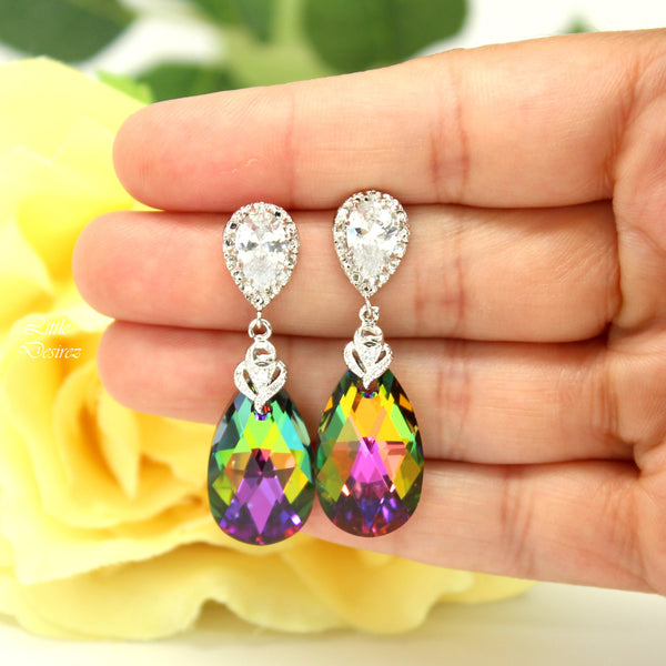 Pink and Green Teardrop Earrings Vitrail Medium Pear Crystal Colorful Sparkly Jewelry Bridesmaid Jewelry Cubic Zirconia VM32P