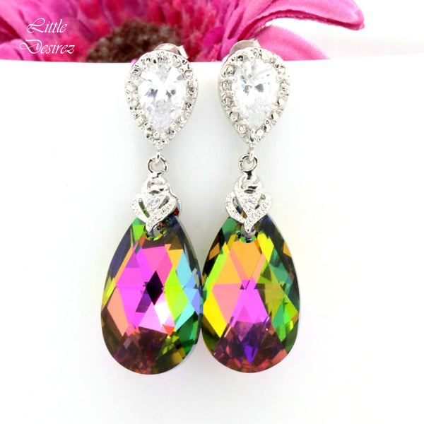 Pink and Green Teardrop Earrings Vitrail Medium Pear Crystal Colorful Sparkly Jewelry Bridesmaid Jewelry Cubic Zirconia VM32P