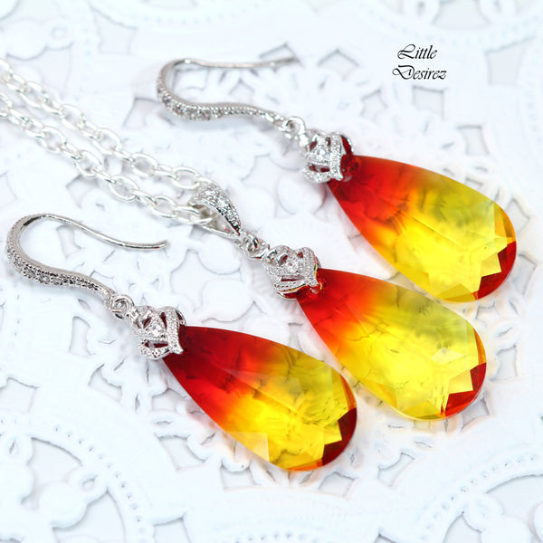 Yellow & Red Necklace Fire Opal Crystal Teardrop Pendant Bridal Necklace Bridesmaid Necklace Cubic Zirconia Yellow Jewelry FO33N