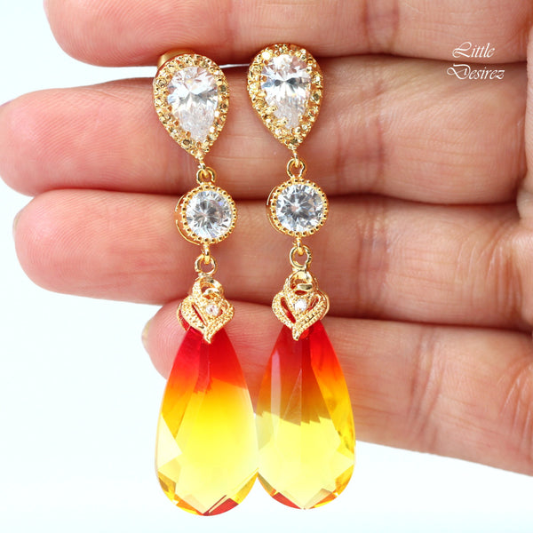 Yellow & Red Earrings Fire Opal Teardrop Crystal Statement Earrings Bridal Earrings Bridesmaid Earring Sparkly Earring FO33PC