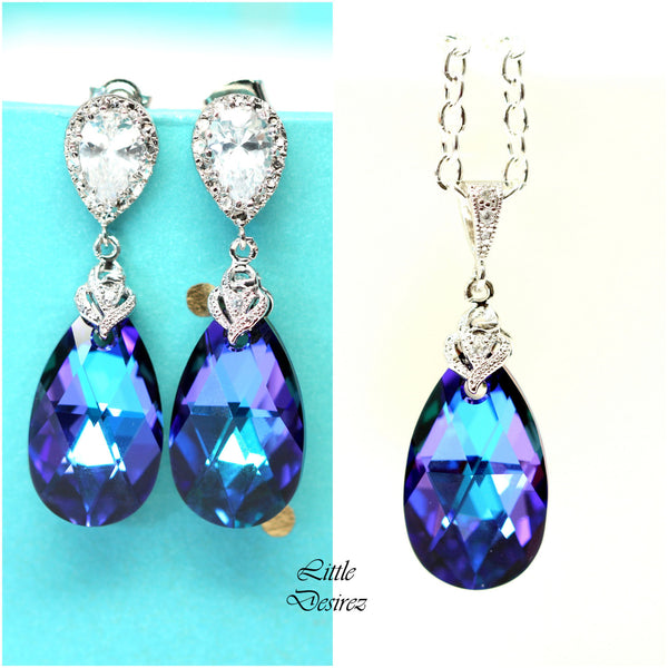 Pear Bridal Jewelry Bridesmaid Jewelry Purple & Blue Jewelry CZ Earrings Crystal Earrings Purple Earrings Peacock Wedding HE32JS