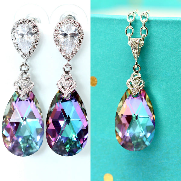 Pink Purple Earrings Necklace Set Sterling Silver Hypoallergenic Bridesmaid Jewelry Elements Cubic Zirconia Wedding Jewelry VL32JS