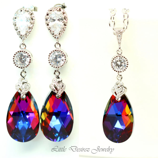 Bridesmaid Gift Volcano Crystal Earrings & Necklace Set Cobalt Purple Orange Cubic Zirconia Jewelry Statement Jewelry VO32JS