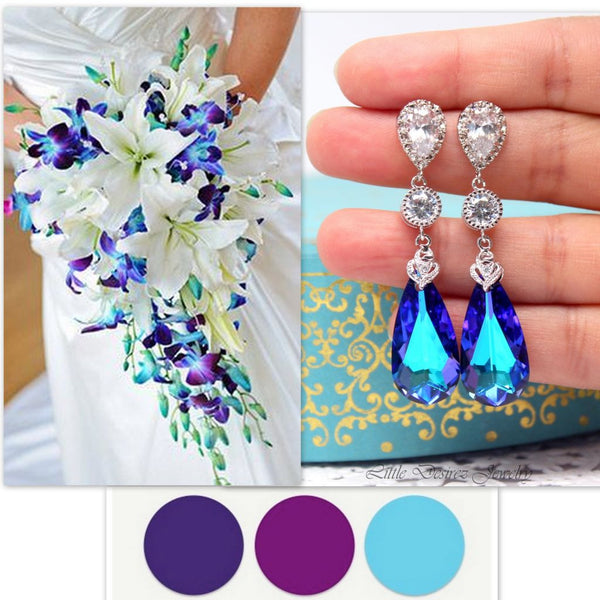 Bridal Blue Purple Earrings Wedding Purple Turquoise Earrings Peacock Jewelry Bridesmaid Gift Heliotrope  Crystal Earrings HE33PC